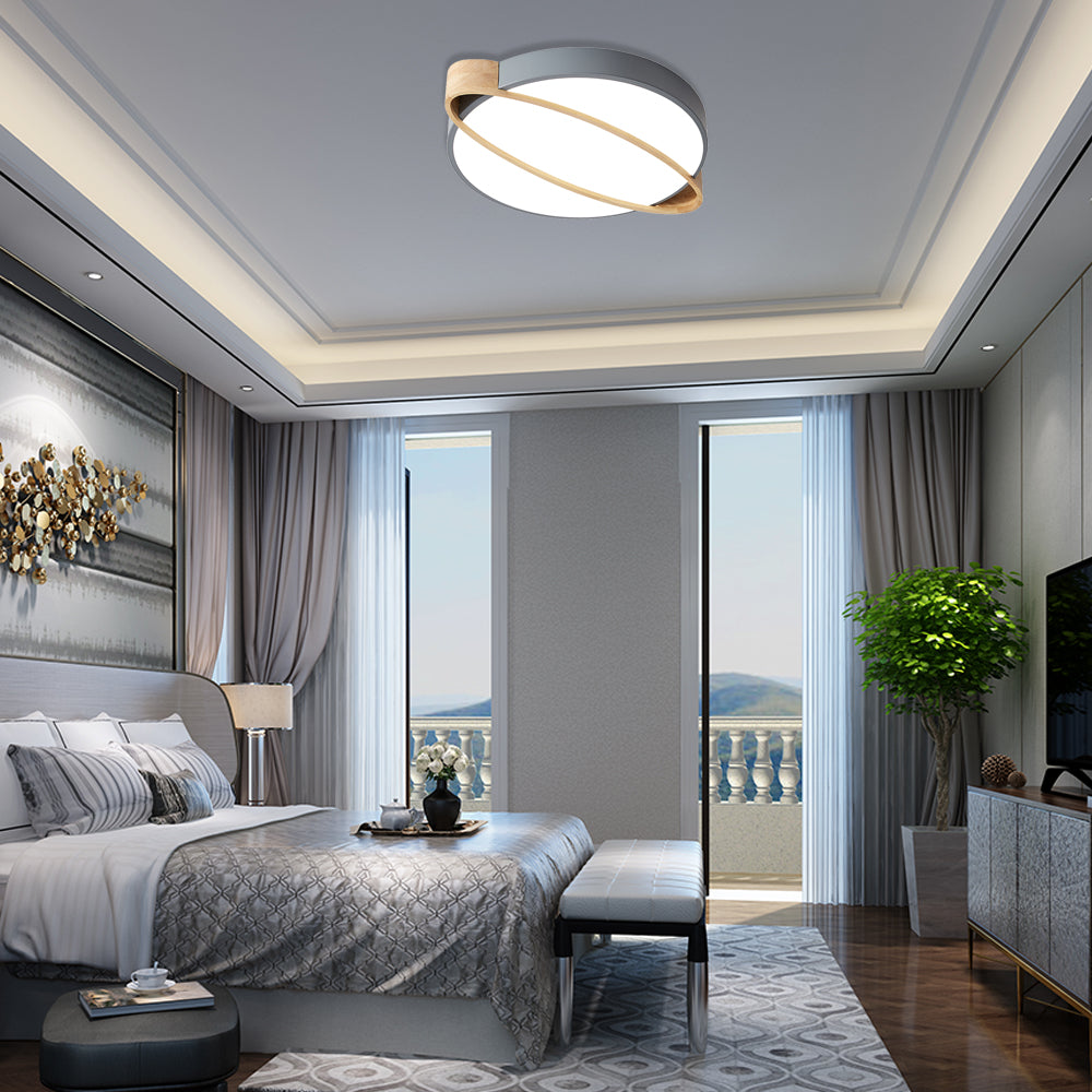 Orbit Design Ceiling Mount Lamp Nordic Acrylic Bedroom LED Flushmount Lighting in White/Green/Grey with Oval Wood Insert, 16"/19.5"/23.5" W Clearhalo 'Ceiling Lights' 'Close To Ceiling Lights' 'Close to ceiling' 'Flush mount' Lighting' 369354