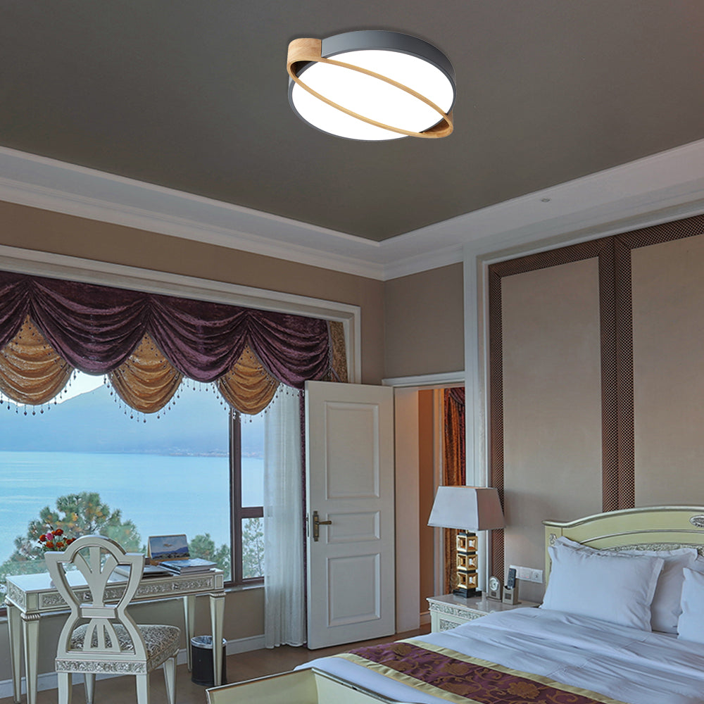 Orbit Design Ceiling Mount Lamp Nordic Acrylic Bedroom LED Flushmount Lighting in White/Green/Grey with Oval Wood Insert, 16"/19.5"/23.5" W Clearhalo 'Ceiling Lights' 'Close To Ceiling Lights' 'Close to ceiling' 'Flush mount' Lighting' 369357