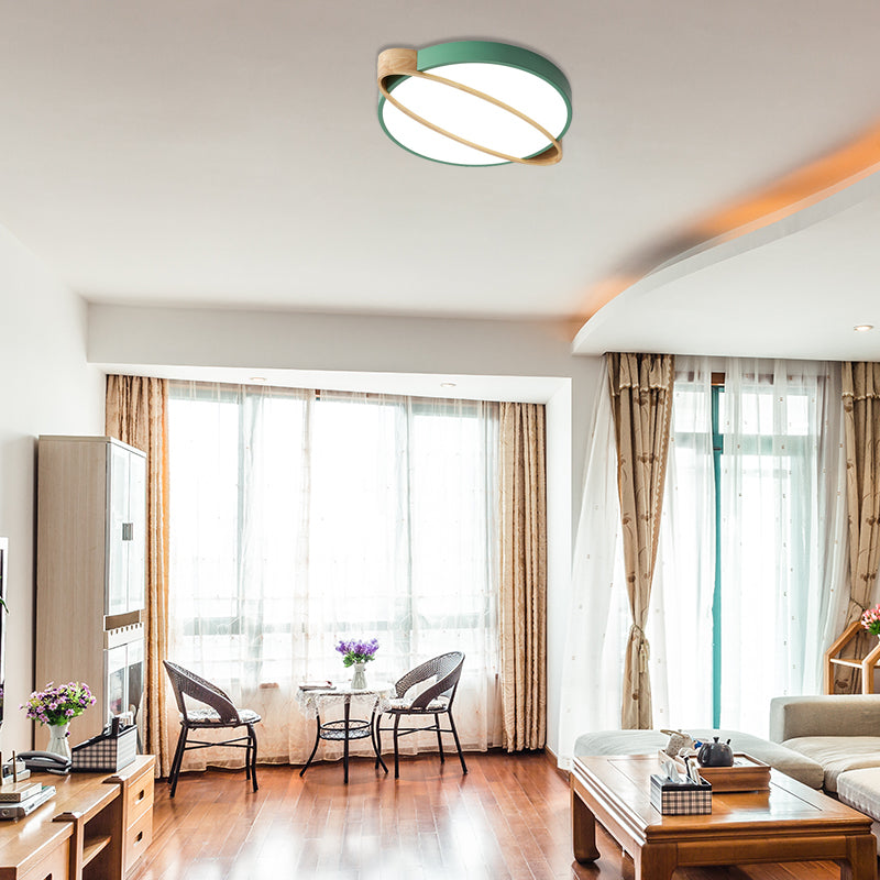 Orbit Design Ceiling Mount Lamp Nordic Acrylic Bedroom LED Flushmount Lighting in White/Green/Grey with Oval Wood Insert, 16"/19.5"/23.5" W Clearhalo 'Ceiling Lights' 'Close To Ceiling Lights' 'Close to ceiling' 'Flush mount' Lighting' 369364
