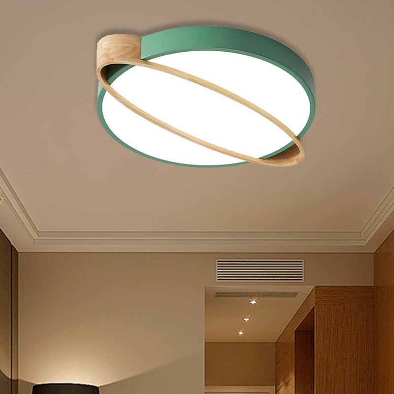 Orbit Design Ceiling Mount Lamp Nordic Acrylic Bedroom LED Flushmount Lighting in White/Green/Grey with Oval Wood Insert, 16"/19.5"/23.5" W Green 23.5" Clearhalo 'Ceiling Lights' 'Close To Ceiling Lights' 'Close to ceiling' 'Flush mount' Lighting' 369366