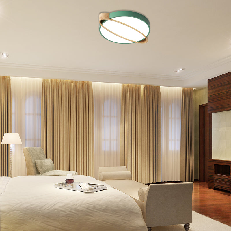Orbit Design Ceiling Mount Lamp Nordic Acrylic Bedroom LED Flushmount Lighting in White/Green/Grey with Oval Wood Insert, 16"/19.5"/23.5" W Clearhalo 'Ceiling Lights' 'Close To Ceiling Lights' 'Close to ceiling' 'Flush mount' Lighting' 369367