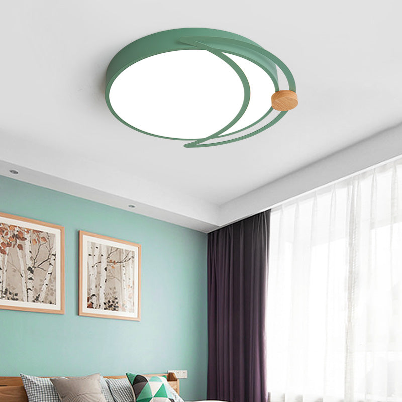 Moon Eclipse Bedroom Flush Mount Acrylic Nordic LED Close to Ceiling Lighting in Grey/White/Green with Wood Accent Clearhalo 'Ceiling Lights' 'Close To Ceiling Lights' 'Close to ceiling' 'Flush mount' Lighting' 369453