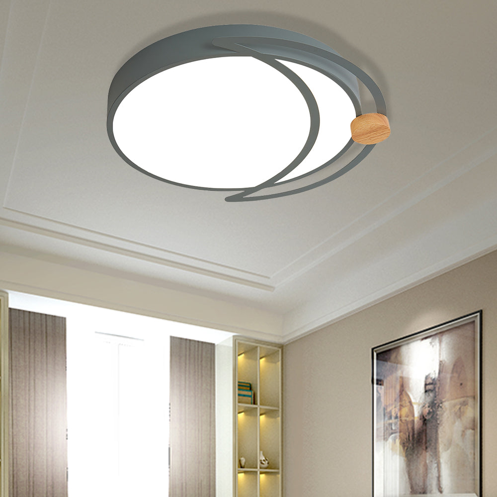 Moon Eclipse Bedroom Flush Mount Acrylic Nordic LED Close to Ceiling Lighting in Grey/White/Green with Wood Accent Grey Clearhalo 'Ceiling Lights' 'Close To Ceiling Lights' 'Close to ceiling' 'Flush mount' Lighting' 369460