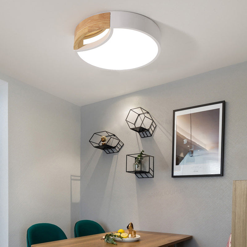 Splicing Rounded Flush Ceiling Light Nordic Iron Grey/White/Green LED Flush Mount in White Light with Wood Grip, 12"/16"/19.5" Wide White 12" White Clearhalo 'Ceiling Lights' 'Close To Ceiling Lights' 'Close to ceiling' 'Flush mount' Lighting' 369695