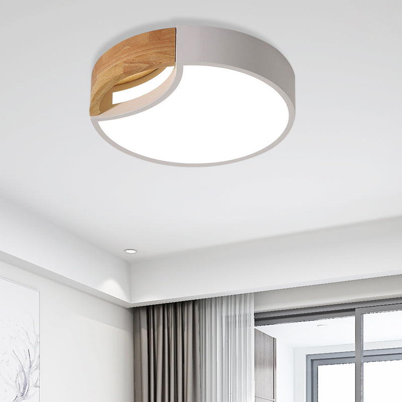 Splicing Rounded Flush Ceiling Light Nordic Iron Grey/White/Green LED Flush Mount in White Light with Wood Grip, 12"/16"/19.5" Wide White 16" White Clearhalo 'Ceiling Lights' 'Close To Ceiling Lights' 'Close to ceiling' 'Flush mount' Lighting' 369698
