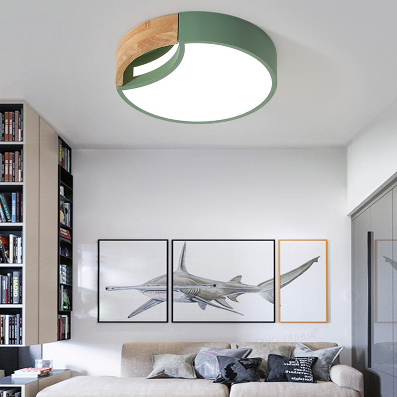 Splicing Rounded Flush Ceiling Light Nordic Iron Grey/White/Green LED Flush Mount in White Light with Wood Grip, 12"/16"/19.5" Wide Clearhalo 'Ceiling Lights' 'Close To Ceiling Lights' 'Close to ceiling' 'Flush mount' Lighting' 369705
