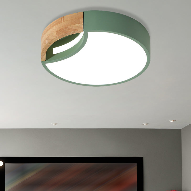 Splicing Rounded Flush Ceiling Light Nordic Iron Grey/White/Green LED Flush Mount in White Light with Wood Grip, 12"/16"/19.5" Wide Green 16" White Clearhalo 'Ceiling Lights' 'Close To Ceiling Lights' 'Close to ceiling' 'Flush mount' Lighting' 369708