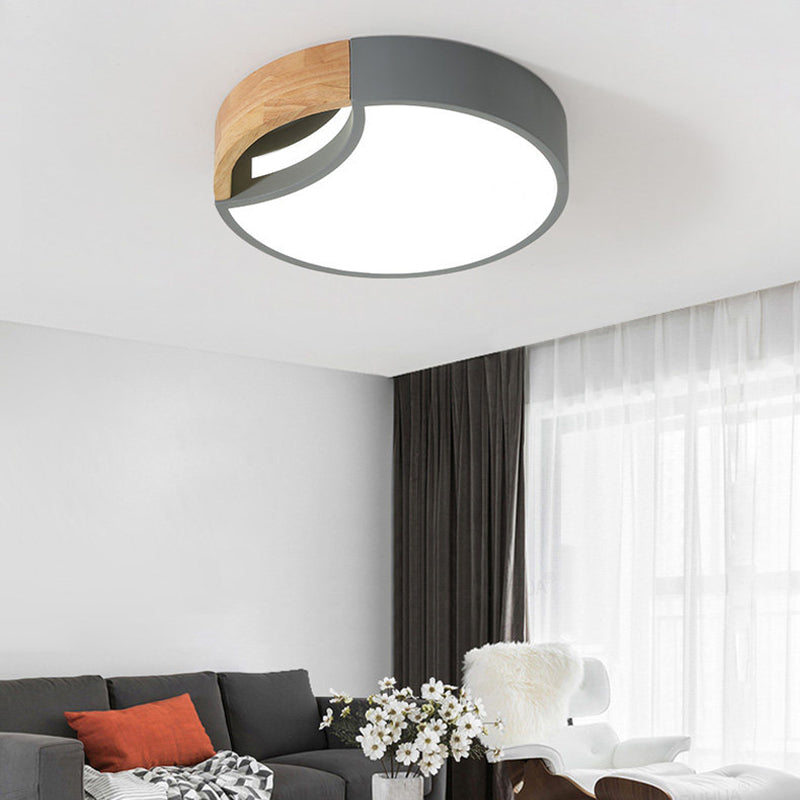 Splicing Rounded Flush Ceiling Light Nordic Iron Grey/White/Green LED Flush Mount in White Light with Wood Grip, 12"/16"/19.5" Wide Grey 12" White Clearhalo 'Ceiling Lights' 'Close To Ceiling Lights' 'Close to ceiling' 'Flush mount' Lighting' 369714