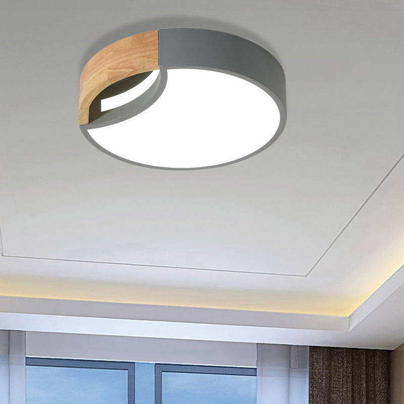 Splicing Rounded Flush Ceiling Light Nordic Iron Grey/White/Green LED Flush Mount in White Light with Wood Grip, 12"/16"/19.5" Wide Grey 19.5" White Clearhalo 'Ceiling Lights' 'Close To Ceiling Lights' 'Close to ceiling' 'Flush mount' Lighting' 369721