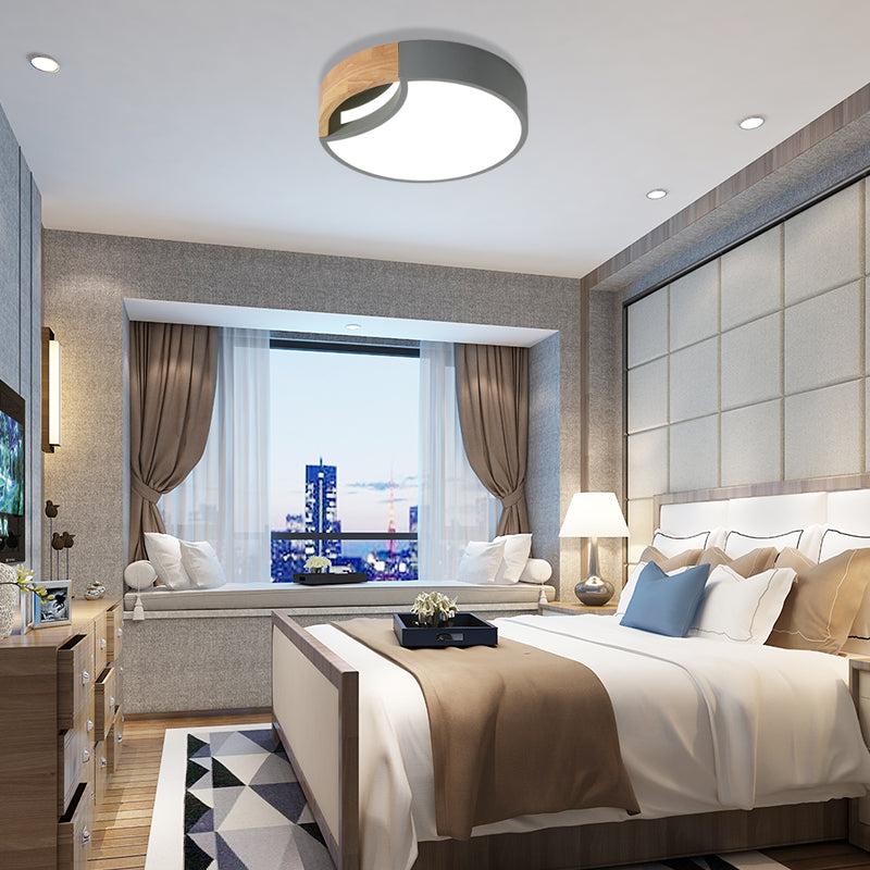 Splicing Rounded Flush Ceiling Light Nordic Iron Grey/White/Green LED Flush Mount in White Light with Wood Grip, 12"/16"/19.5" Wide Clearhalo 'Ceiling Lights' 'Close To Ceiling Lights' 'Close to ceiling' 'Flush mount' Lighting' 369722