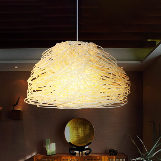 1 Bulb Tearoom Hanging Lamp Asian White Pendant Light Fixture with Domed Rattan Shade Clearhalo 'Ceiling Lights' 'Pendant Lights' 'Pendants' Lighting' 369807