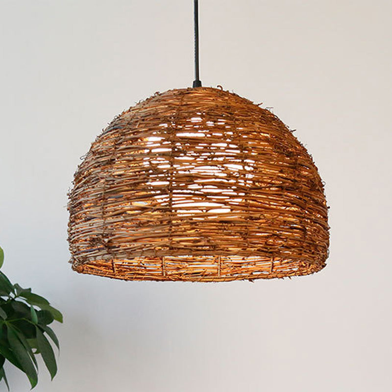 Dome Rattan Ceiling Lamp Chinese 1 Bulb Brown Hanging Light Fixture with Ball White Glass Shade Clearhalo 'Ceiling Lights' 'Pendant Lights' 'Pendants' Lighting' 369812