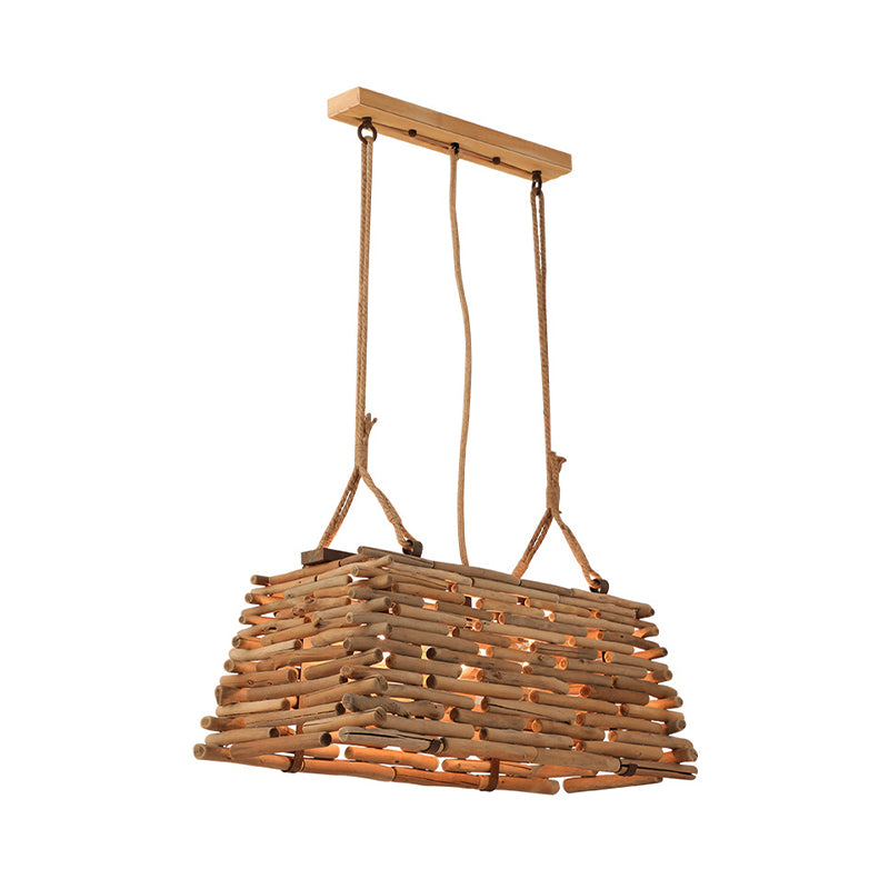 Japanese Trapezoid Pendant Chandelier Wood 3 Heads Hanging Ceiling Light in Brown for Dining Room Clearhalo 'Ceiling Lights' 'Chandeliers' Lighting' options 369839