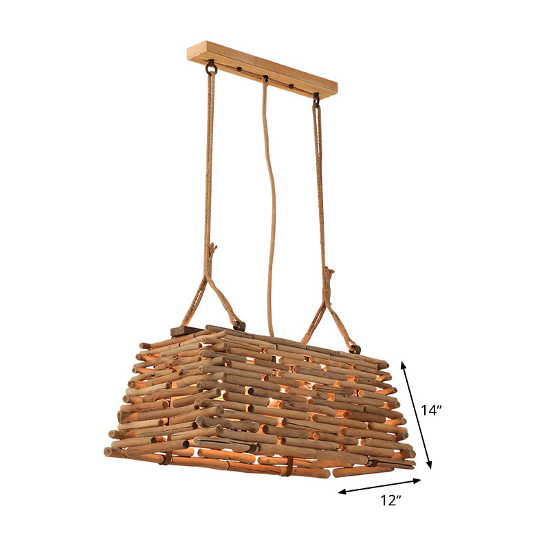 Japanese Trapezoid Pendant Chandelier Wood 3 Heads Hanging Ceiling Light in Brown for Dining Room Clearhalo 'Ceiling Lights' 'Chandeliers' Lighting' options 369840