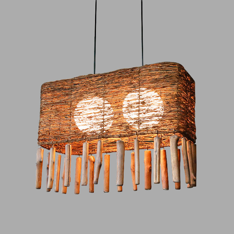 Rectangle Rattan Chandelier Light Chinese 2 Bulbs Brown Suspended Lighting Fixture Clearhalo 'Ceiling Lights' 'Chandeliers' Lighting' options 369849
