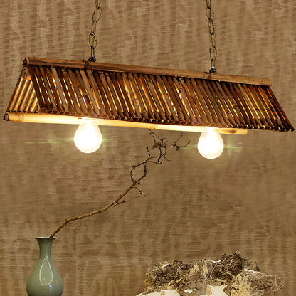 Triangular Island Light Chinese Bamboo 2 Heads Brown Pendant Lighting Fixture for Tearoom Brown Clearhalo 'Ceiling Lights' 'Island Lights' Lighting' 369851