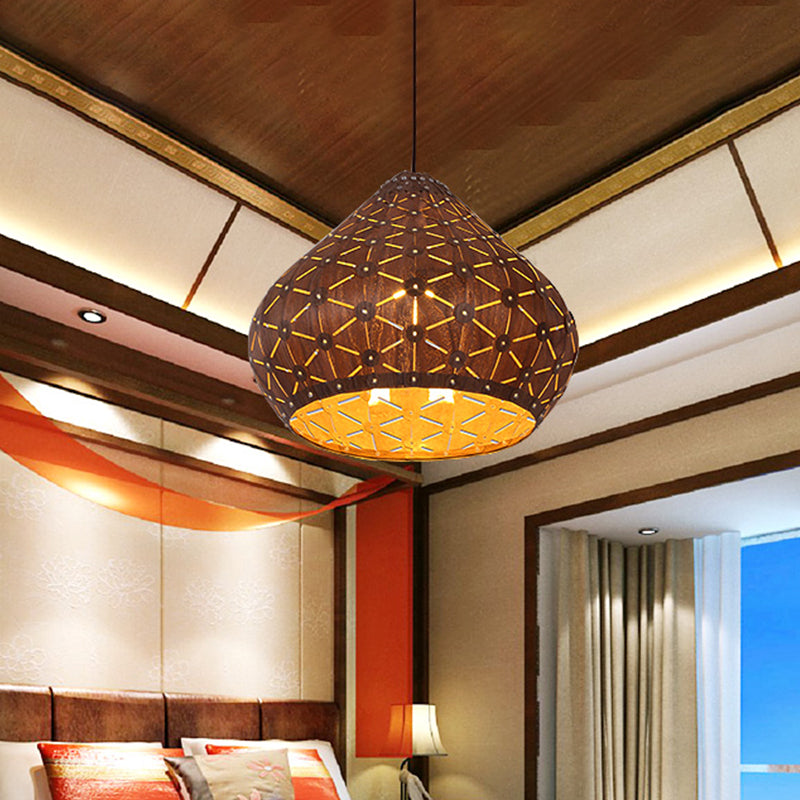 1 Bulb Bedroom Down Lighting Asia Brown Hanging Light Fixture with Teardrop Wood Shade Brown Clearhalo 'Ceiling Lights' 'Pendant Lights' 'Pendants' Lighting' 369891_adbe2655-2d8a-40aa-b333-28c130ef3cd6