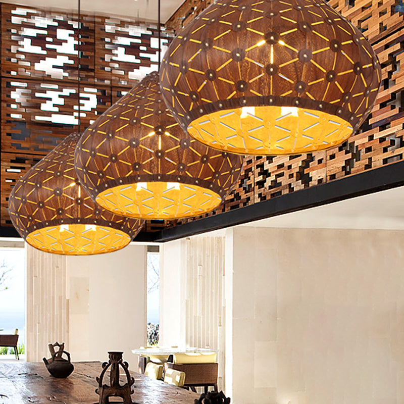 1 Bulb Bedroom Down Lighting Asia Brown Hanging Light Fixture with Teardrop Wood Shade Clearhalo 'Ceiling Lights' 'Pendant Lights' 'Pendants' Lighting' 369892