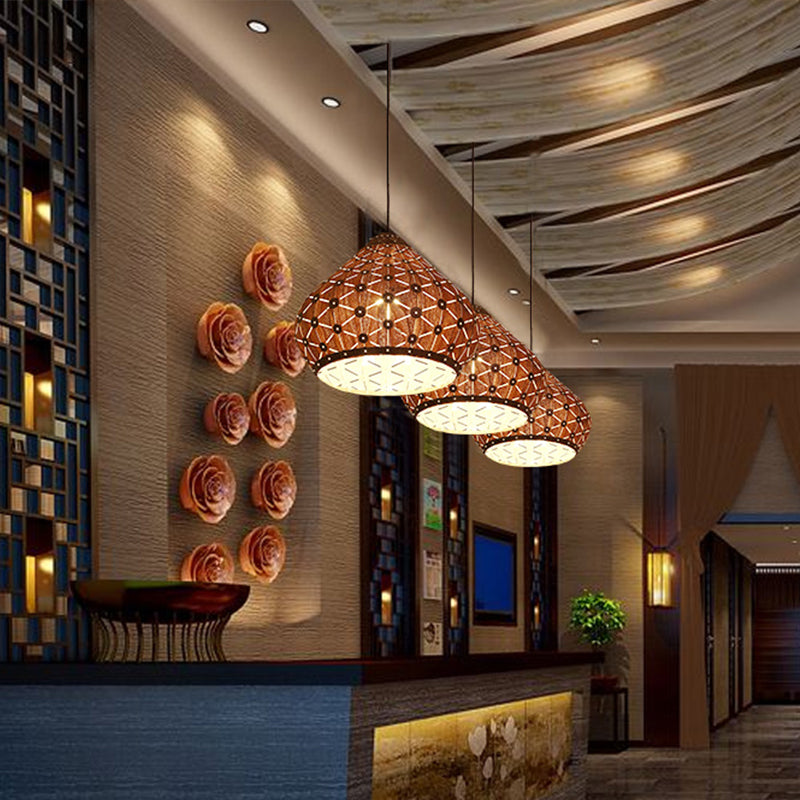 1 Bulb Bedroom Down Lighting Asia Brown Hanging Light Fixture with Teardrop Wood Shade Clearhalo 'Ceiling Lights' 'Pendant Lights' 'Pendants' Lighting' 369893