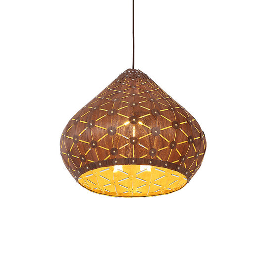 1 Bulb Bedroom Down Lighting Asia Brown Hanging Light Fixture with Teardrop Wood Shade Clearhalo 'Ceiling Lights' 'Pendant Lights' 'Pendants' Lighting' 369894