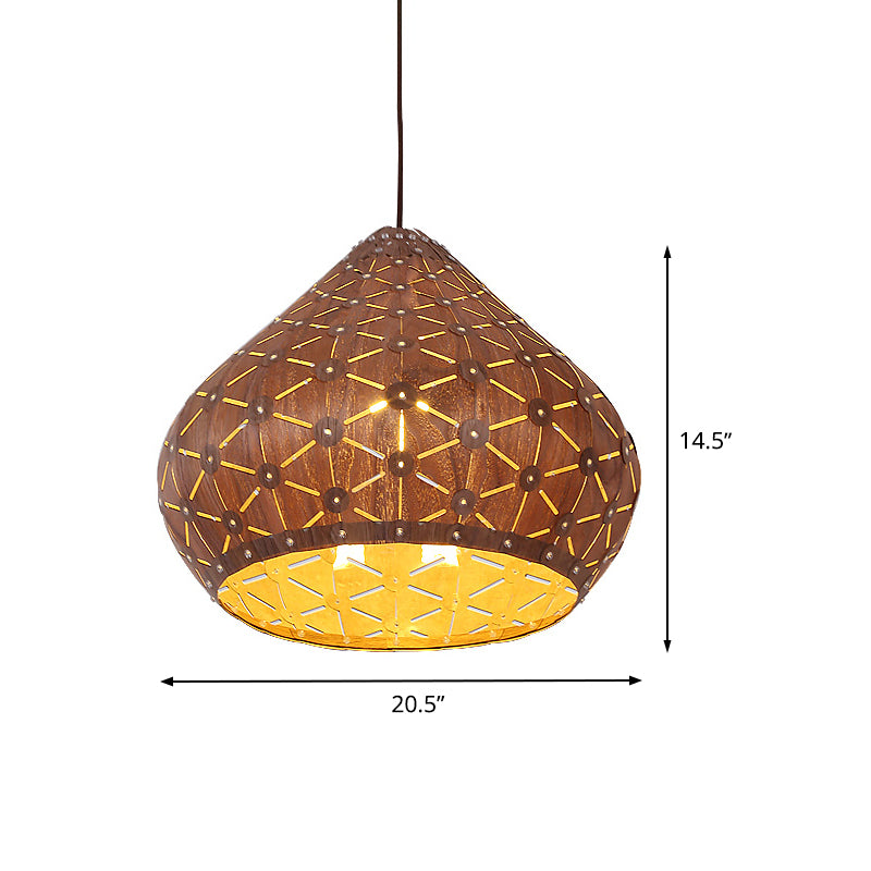 1 Bulb Bedroom Down Lighting Asia Brown Hanging Light Fixture with Teardrop Wood Shade Clearhalo 'Ceiling Lights' 'Pendant Lights' 'Pendants' Lighting' 369895