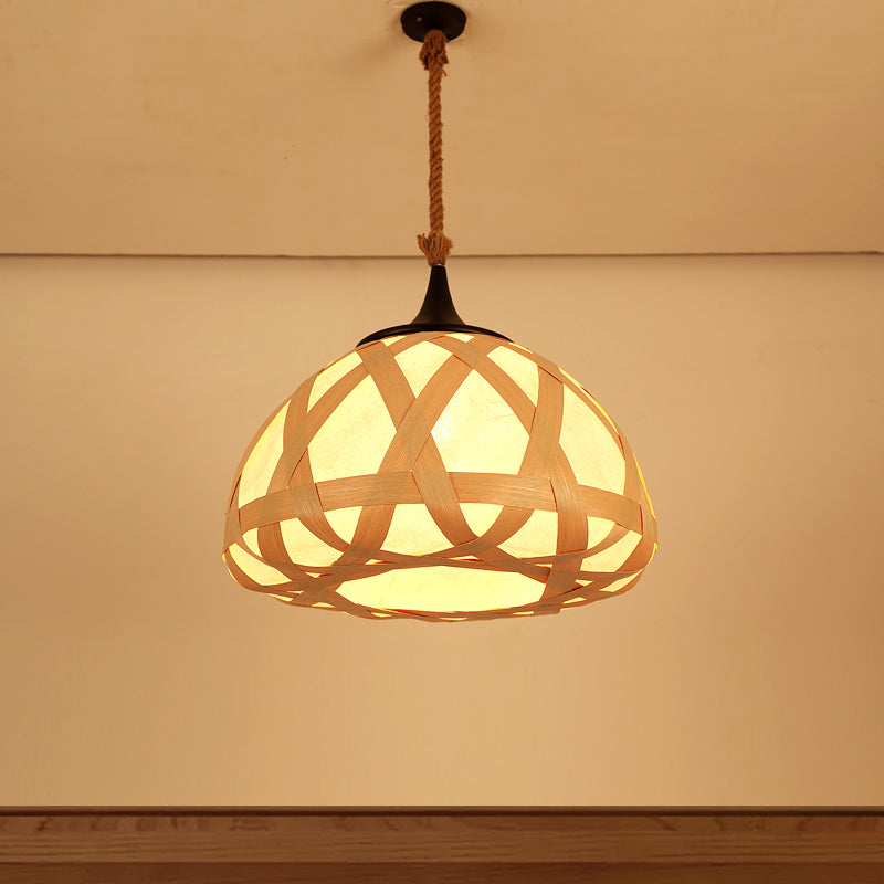 Hemisphere Pendant Light Japanese Wood 1 Bulb Suspended Lighting Fixture in Beige Clearhalo 'Ceiling Lights' 'Pendant Lights' 'Pendants' Lighting' 369897