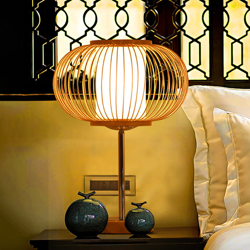 1 Bulb Living Room Desk Light Asia Beige Task Lighting with Pumpkin Bamboo Shade Beige Clearhalo 'Lamps' 'Table Lamps' Lighting' 369961