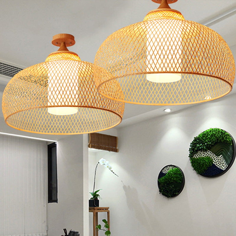 Domed Semi Flush Light Asian Bamboo 1 Bulb Wood Ceiling Mounted Fixture with Cylinder White Shade Clearhalo 'Ceiling Lights' 'Close To Ceiling Lights' 'Close to ceiling' 'Semi-flushmount' Lighting' 370068