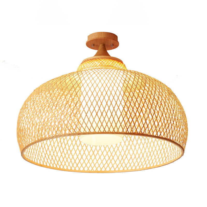 Domed Semi Flush Light Asian Bamboo 1 Bulb Wood Ceiling Mounted Fixture with Cylinder White Shade Clearhalo 'Ceiling Lights' 'Close To Ceiling Lights' 'Close to ceiling' 'Semi-flushmount' Lighting' 370069