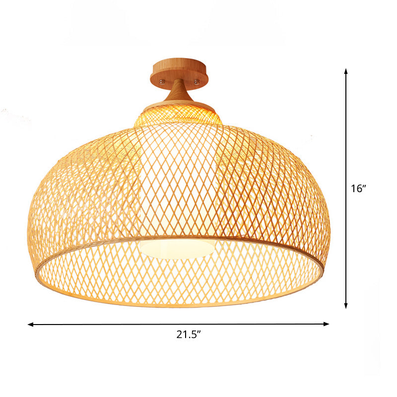 Domed Semi Flush Light Asian Bamboo 1 Bulb Wood Ceiling Mounted Fixture with Cylinder White Shade Clearhalo 'Ceiling Lights' 'Close To Ceiling Lights' 'Close to ceiling' 'Semi-flushmount' Lighting' 370070