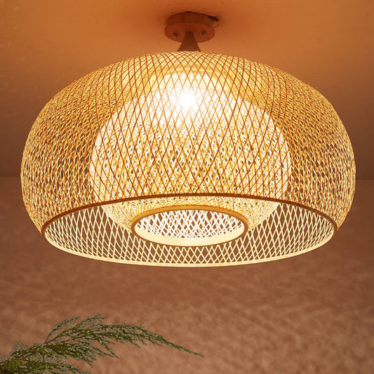 Japanese Hand Woven Semi-Flush Mount Bamboo 1 Head Close to Ceiling Lamp in Wood Clearhalo 'Ceiling Lights' 'Close To Ceiling Lights' 'Close to ceiling' 'Semi-flushmount' Lighting' 370072