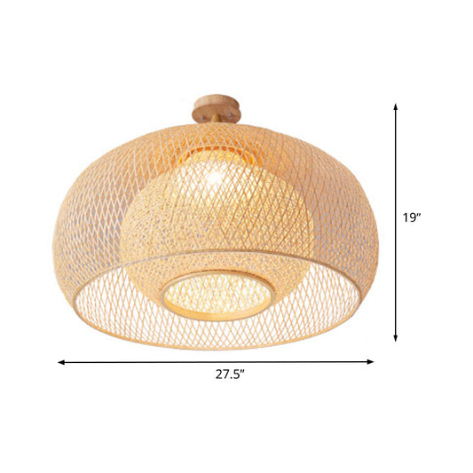 Japanese Hand Woven Semi-Flush Mount Bamboo 1 Head Close to Ceiling Lamp in Wood Clearhalo 'Ceiling Lights' 'Close To Ceiling Lights' 'Close to ceiling' 'Semi-flushmount' Lighting' 370075