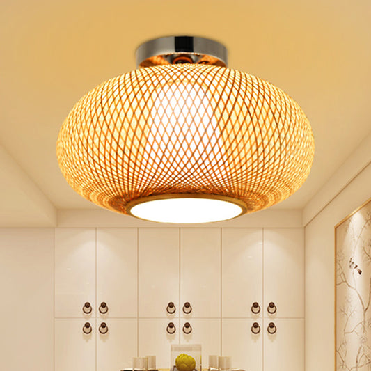 Flaxen Lantern Semi Flush Mount Chinese 1 Head Bamboo Ceiling Mounted Light for Dining Room Clearhalo 'Ceiling Lights' 'Close To Ceiling Lights' 'Close to ceiling' 'Semi-flushmount' Lighting' 370077