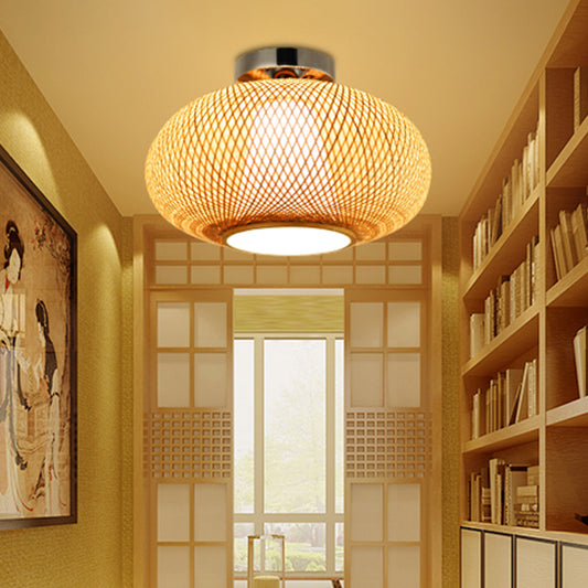 Flaxen Lantern Semi Flush Mount Chinese 1 Head Bamboo Ceiling Mounted Light for Dining Room Clearhalo 'Ceiling Lights' 'Close To Ceiling Lights' 'Close to ceiling' 'Semi-flushmount' Lighting' 370078