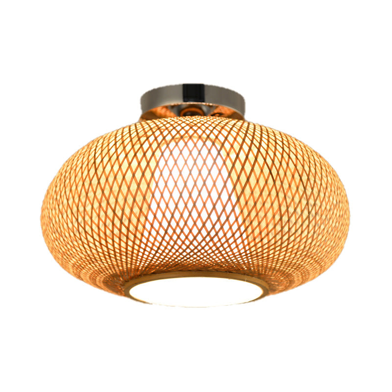 Flaxen Lantern Semi Flush Mount Chinese 1 Head Bamboo Ceiling Mounted Light for Dining Room Clearhalo 'Ceiling Lights' 'Close To Ceiling Lights' 'Close to ceiling' 'Semi-flushmount' Lighting' 370079