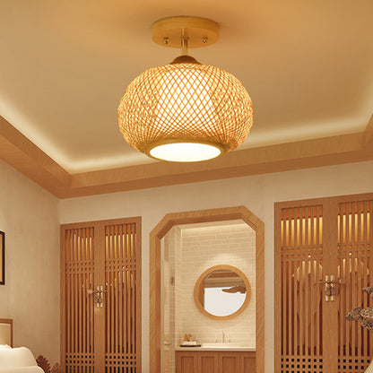 Pumpkin Semi-Flush Mount Japanese Bamboo 1 Head Flaxen Close to Ceiling Lighting, 14"/16" Wide Flaxen Clearhalo 'Ceiling Lights' 'Close To Ceiling Lights' 'Close to ceiling' 'Semi-flushmount' Lighting' 370081