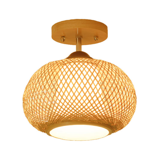Pumpkin Semi-Flush Mount Japanese Bamboo 1 Head Flaxen Close to Ceiling Lighting, 14"/16" Wide Clearhalo 'Ceiling Lights' 'Close To Ceiling Lights' 'Close to ceiling' 'Semi-flushmount' Lighting' 370084