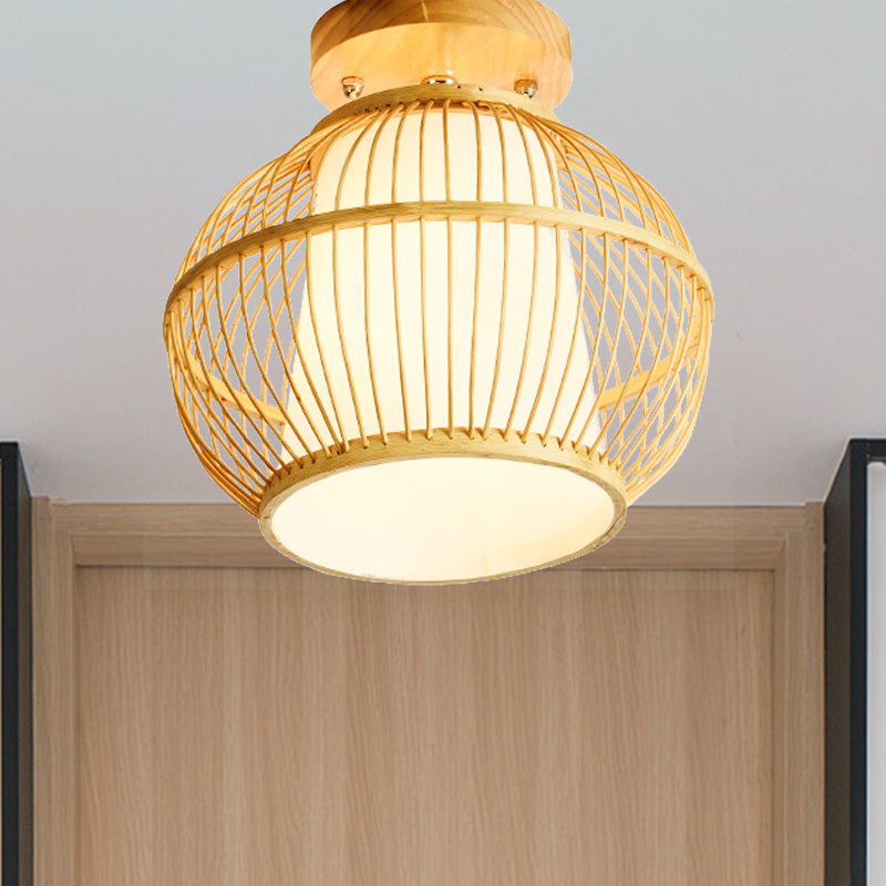 Asian 1 Head Semi Flush Light Wood Spherical Ceiling Mounted Fixture with Bamboo Shade Clearhalo 'Ceiling Lights' 'Close To Ceiling Lights' 'Close to ceiling' 'Semi-flushmount' Lighting' 370088