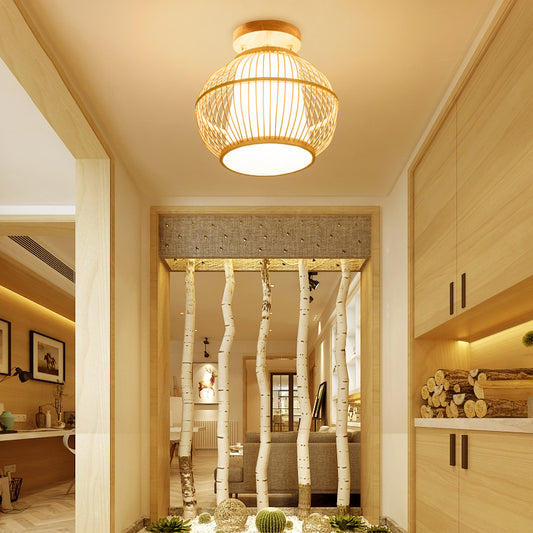 Asian 1 Head Semi Flush Light Wood Spherical Ceiling Mounted Fixture with Bamboo Shade Clearhalo 'Ceiling Lights' 'Close To Ceiling Lights' 'Close to ceiling' 'Semi-flushmount' Lighting' 370089