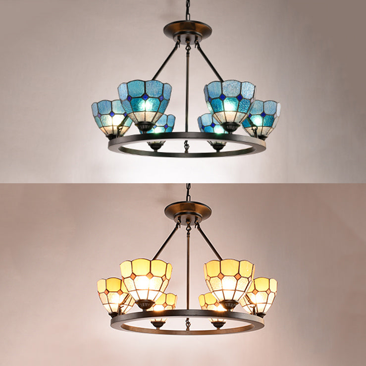 Tiffany Bowl Chandelier Lamp with Adjustable Metal Chain 6 Lights Stained Glass Pendant Light in Blue/Yellow Clearhalo 'Ceiling Lights' 'Chandeliers' 'Industrial' 'Middle Century Chandeliers' 'Tiffany Chandeliers' 'Tiffany close to ceiling' 'Tiffany' Lighting' 37009