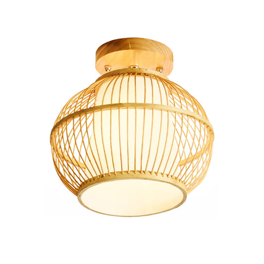 Asian 1 Head Semi Flush Light Wood Spherical Ceiling Mounted Fixture with Bamboo Shade Clearhalo 'Ceiling Lights' 'Close To Ceiling Lights' 'Close to ceiling' 'Semi-flushmount' Lighting' 370090