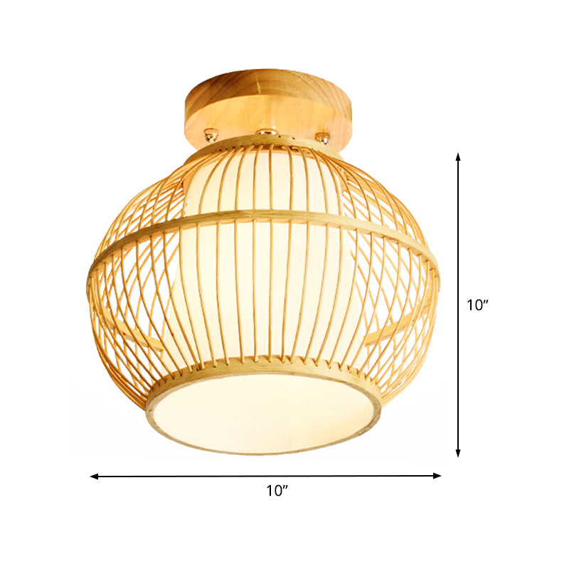 Asian 1 Head Semi Flush Light Wood Spherical Ceiling Mounted Fixture with Bamboo Shade Clearhalo 'Ceiling Lights' 'Close To Ceiling Lights' 'Close to ceiling' 'Semi-flushmount' Lighting' 370091