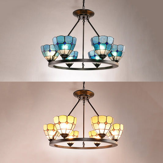 Tiffany Bowl Chandelier Lamp with Adjustable Metal Chain 6 Lights Stained Glass Pendant Light in Blue/Yellow Clearhalo 'Ceiling Lights' 'Chandeliers' 'Industrial' 'Middle Century Chandeliers' 'Tiffany Chandeliers' 'Tiffany close to ceiling' 'Tiffany' Lighting' 37009