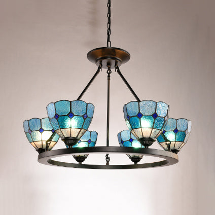 Tiffany Bowl Chandelier Lamp with Adjustable Metal Chain 6 Lights Stained Glass Pendant Light in Blue/Yellow Blue Clearhalo 'Ceiling Lights' 'Chandeliers' 'Industrial' 'Middle Century Chandeliers' 'Tiffany Chandeliers' 'Tiffany close to ceiling' 'Tiffany' Lighting' 37010