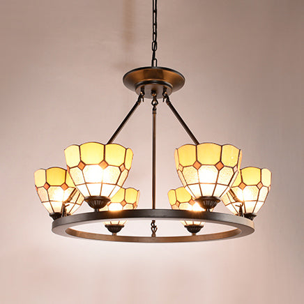 Tiffany Bowl Chandelier Lamp with Adjustable Metal Chain 6 Lights Stained Glass Pendant Light in Blue/Yellow Clearhalo 'Ceiling Lights' 'Chandeliers' 'Industrial' 'Middle Century Chandeliers' 'Tiffany Chandeliers' 'Tiffany close to ceiling' 'Tiffany' Lighting' 37011