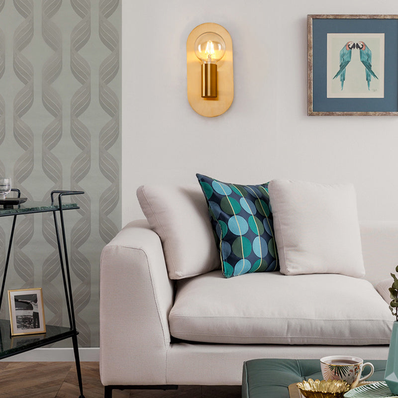 1 Head Exposed Bulb Wall Mount Lamp with Oval Metal Backplate Post Modern Wall Lighting in Gold Gold Clearhalo 'Cast Iron' 'Glass' 'Industrial' 'Modern wall lights' 'Modern' 'Tiffany' 'Traditional wall lights' 'Vanity Lights' 'Wall Lights' Lighting' 370154
