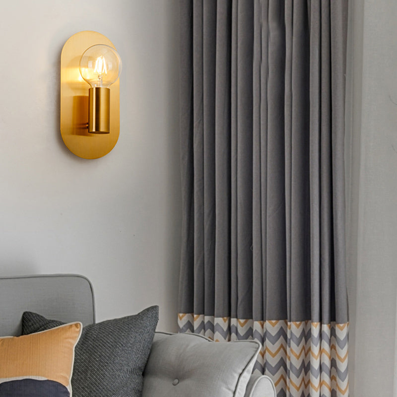 1 Head Exposed Bulb Wall Mount Lamp with Oval Metal Backplate Post Modern Wall Lighting in Gold Clearhalo 'Cast Iron' 'Glass' 'Industrial' 'Modern wall lights' 'Modern' 'Tiffany' 'Traditional wall lights' 'Vanity Lights' 'Wall Lights' Lighting' 370155