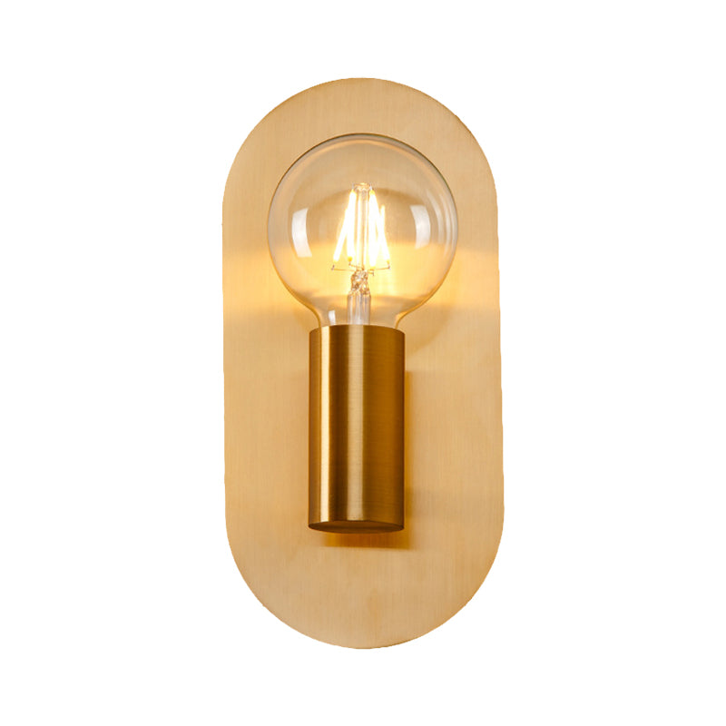 1 Head Exposed Bulb Wall Mount Lamp with Oval Metal Backplate Post Modern Wall Lighting in Gold Clearhalo 'Cast Iron' 'Glass' 'Industrial' 'Modern wall lights' 'Modern' 'Tiffany' 'Traditional wall lights' 'Vanity Lights' 'Wall Lights' Lighting' 370156