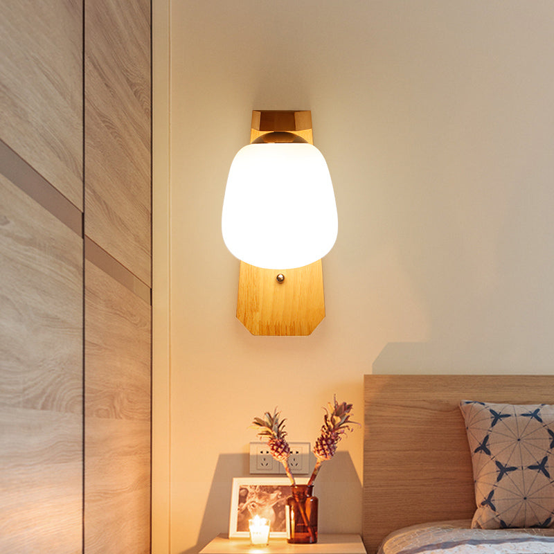 Milk Glass Mini Wall Mounted Lighting Nordic Style 1 Light Indoor Wall Light in Wood for Bedroom - White - Clearhalo - 'Modern wall lights' - 'Modern' - 'Vanity Lights' - 'Wall Lights' - Lighting' - 370158