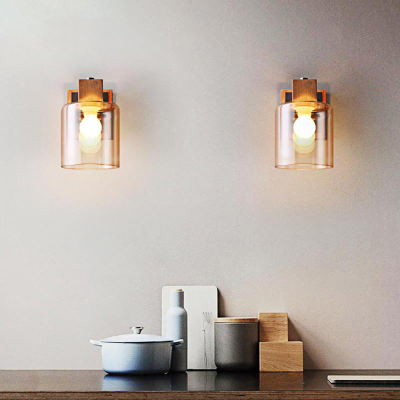Cognac Glass Cylinder Wall Light Fixture Nordic Style 1 Light Mini Wall Sconce Light in Wood Wood Clearhalo 'Cast Iron' 'Glass' 'Industrial' 'Modern wall lights' 'Modern' 'Tiffany' 'Traditional wall lights' 'Wall Lamps & Sconces' 'Wall Lights' Lighting' 370169